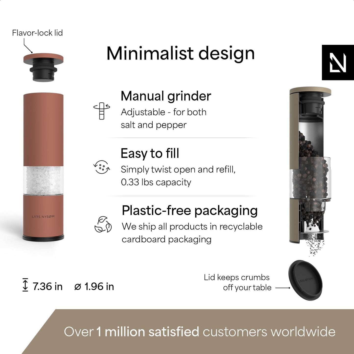 LARS NYSØM Salt and Pepper Grinder Set Manual, Stainless Steel Salt and Pepper Mills with Adjustable Ceramic Grinder I Design Spice Shakers (Red/Brown)