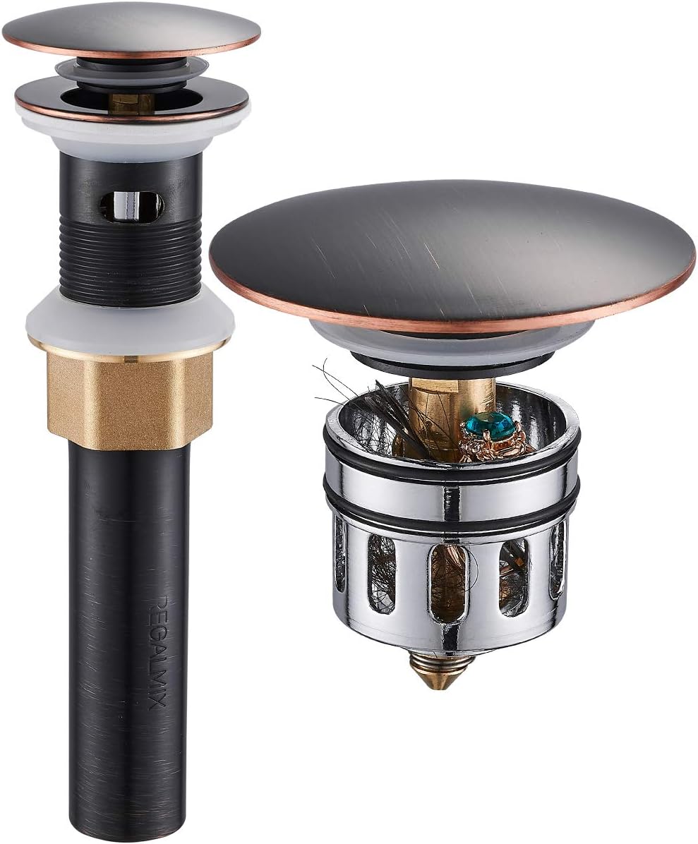 Vessel Sink Drain,Bathroom Pop-up Drain with Detachable Basket Stopper, Anti-Explosion and Anti-Clogging Drain Strainer, Sink Drain Assembly with Overflow Oil Rubbed Bronze, RWF083K