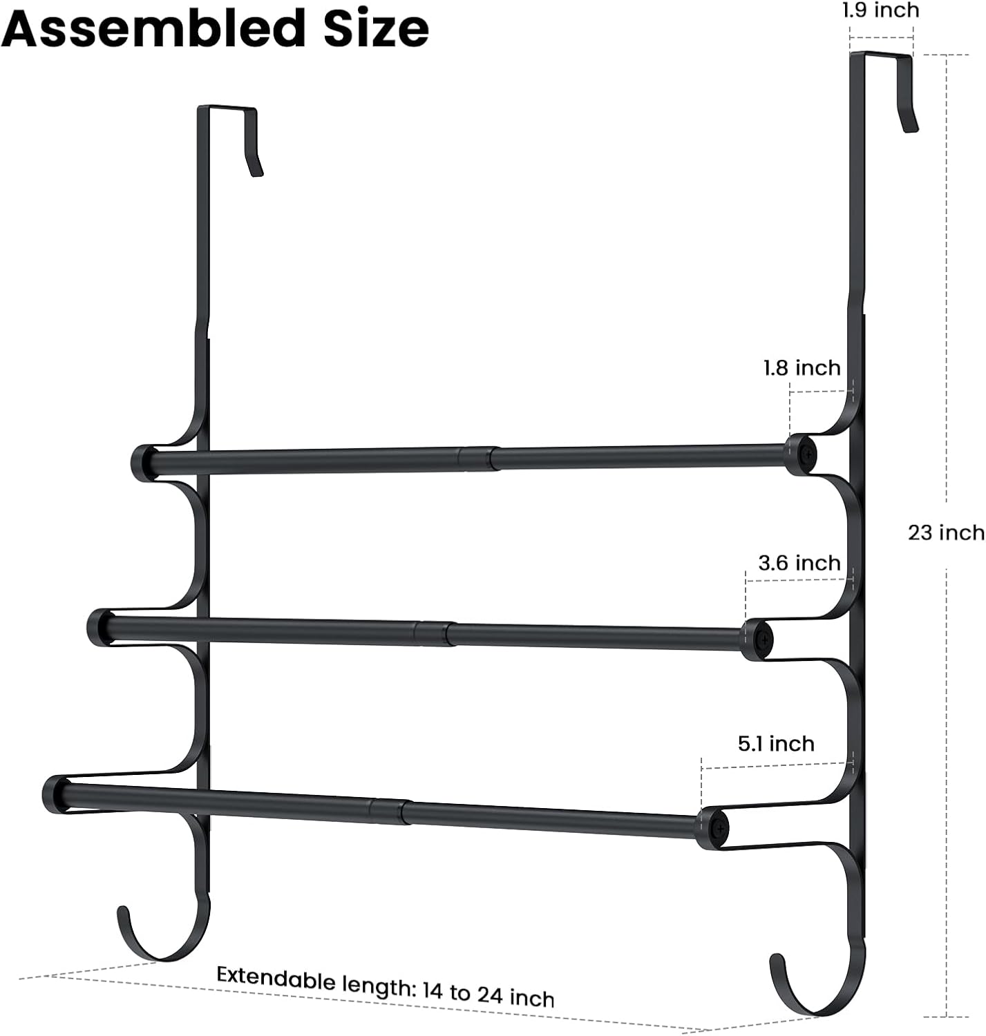 Over The Door Towel Rack, Triple Towel Storage Holder with Hooks, 24.02 Inches Towel Bar Hanger Towel Racks for Bathroom (Black)