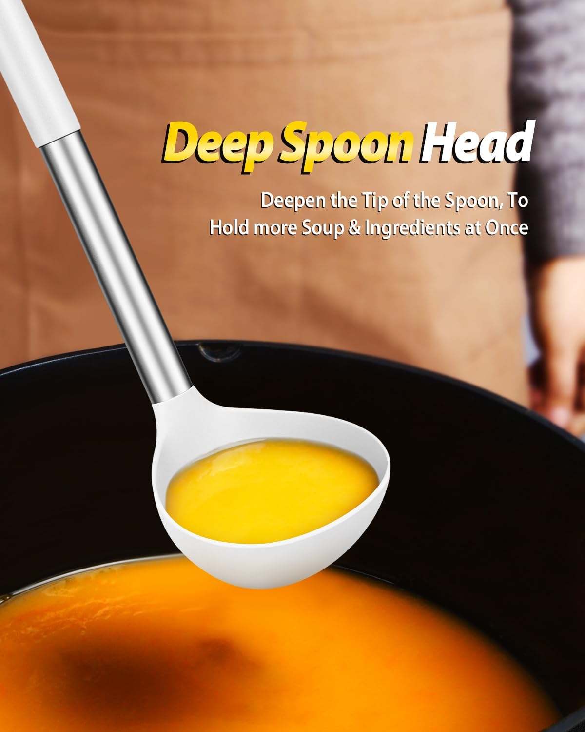 Silicone Pasta Fork and Ladle Spoon Set, Large Non Stick Kitchen Utensils for Cooking,Stirring,Serving Spaghetti, Soup, Sauce (WHITE)