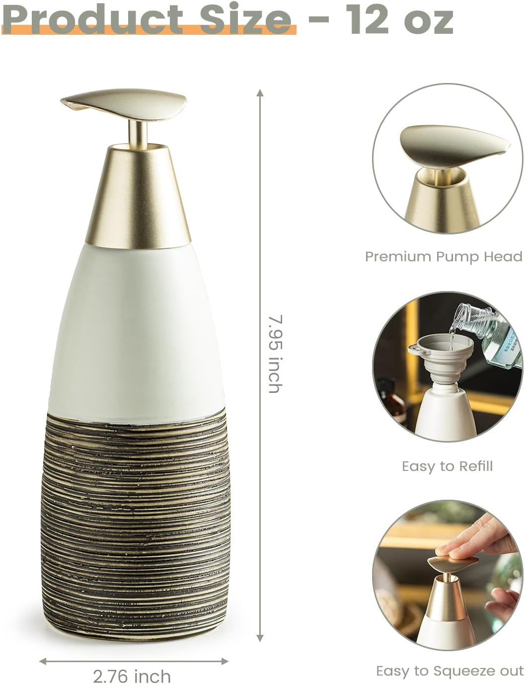 Dish Soap Dispenser Ceramic Liquid Dispenser for Bathroom Hand Soap Bottle with Pump, 12oz Refillable Liquid Bottle for Body Wash, Shower Gel, White