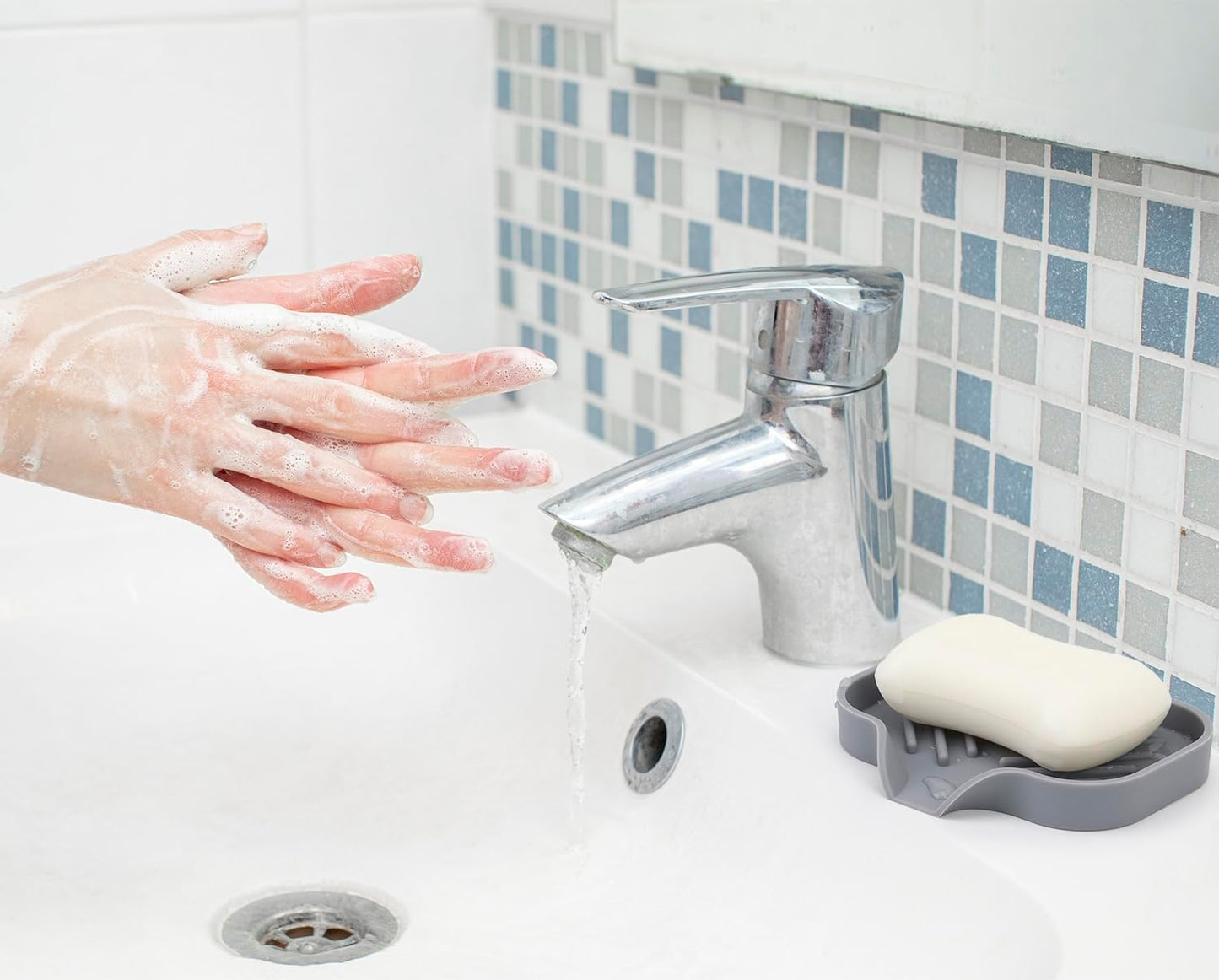 YASMEN 2 Pcs Silicone Soap Dish, Soap Holder with Drain, Sponge Holder for Kitchen Sink, Soap Dispenser Tray, Bathroom & Kitchen Sink Organizer, Rubber Soap Dishes for Bar Soap,Soap Bottles-Black/Grey