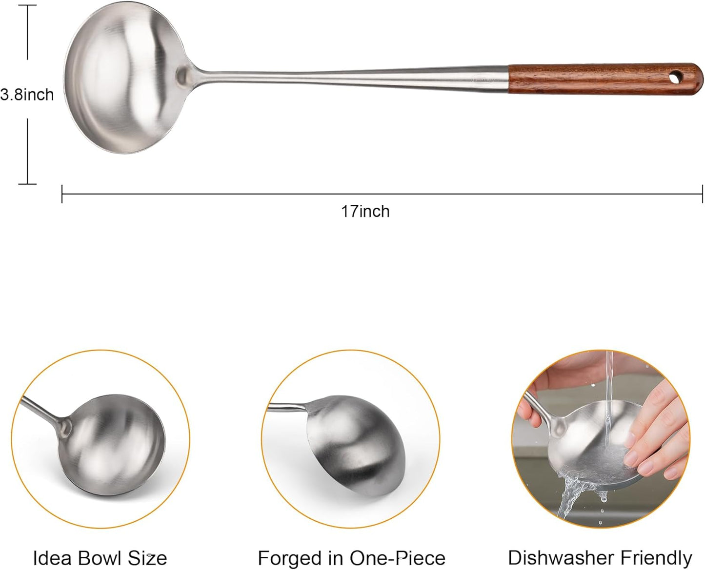 FJNATINH Soup Ladle, Stainless Steel Cooking Ladle for Soup Sauces, Kitchen Ladle Spoon with Heat-proof Wooden Handle, Easy to Clean