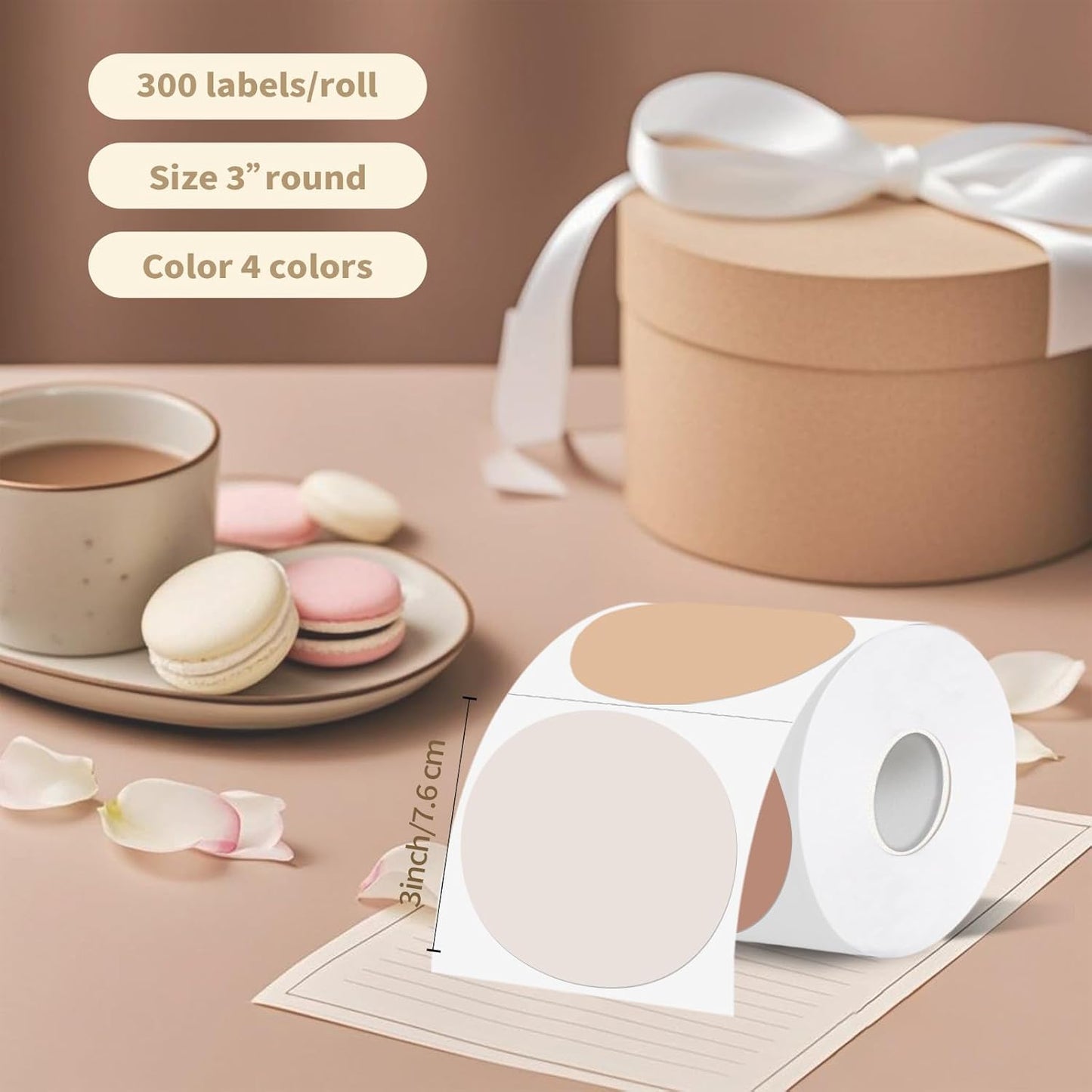 Thermal Label,3 Inch Beige Gradient Round Thermal Printer Sticker,Self-Adhesive Round Direct Thermal Labels,Thermal Stickers for DIY Logo Design,Name Tag (300 Labels/1 Roll)