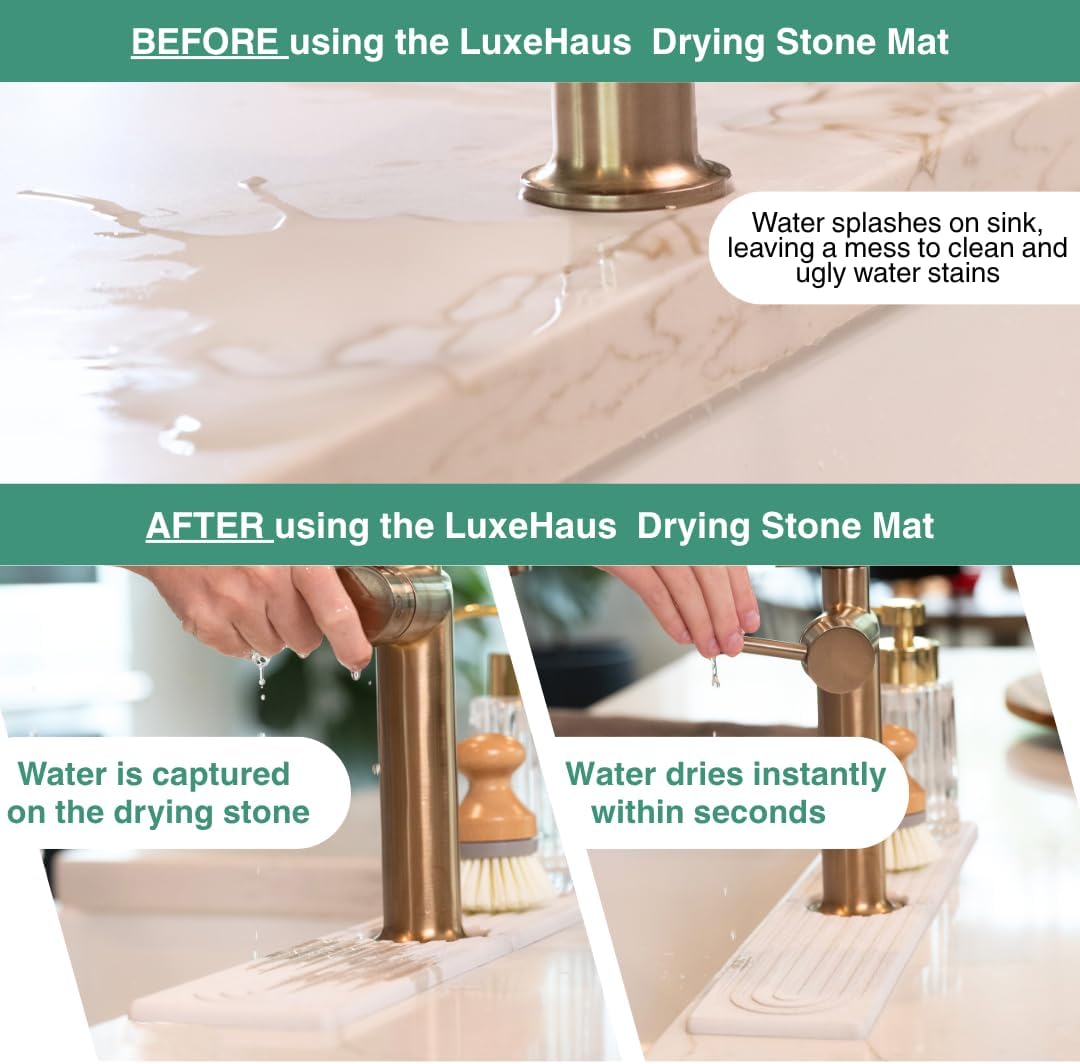 Drying Stone Faucet Mat for Kitchen Sink | Diatomite Sink Tray | Super Absorbent Quick Drying Stone Mat | Kitchen Tray for Counter | Faucet Splash Guard for Bathroom Counter (White, 23.6" x 3.9")