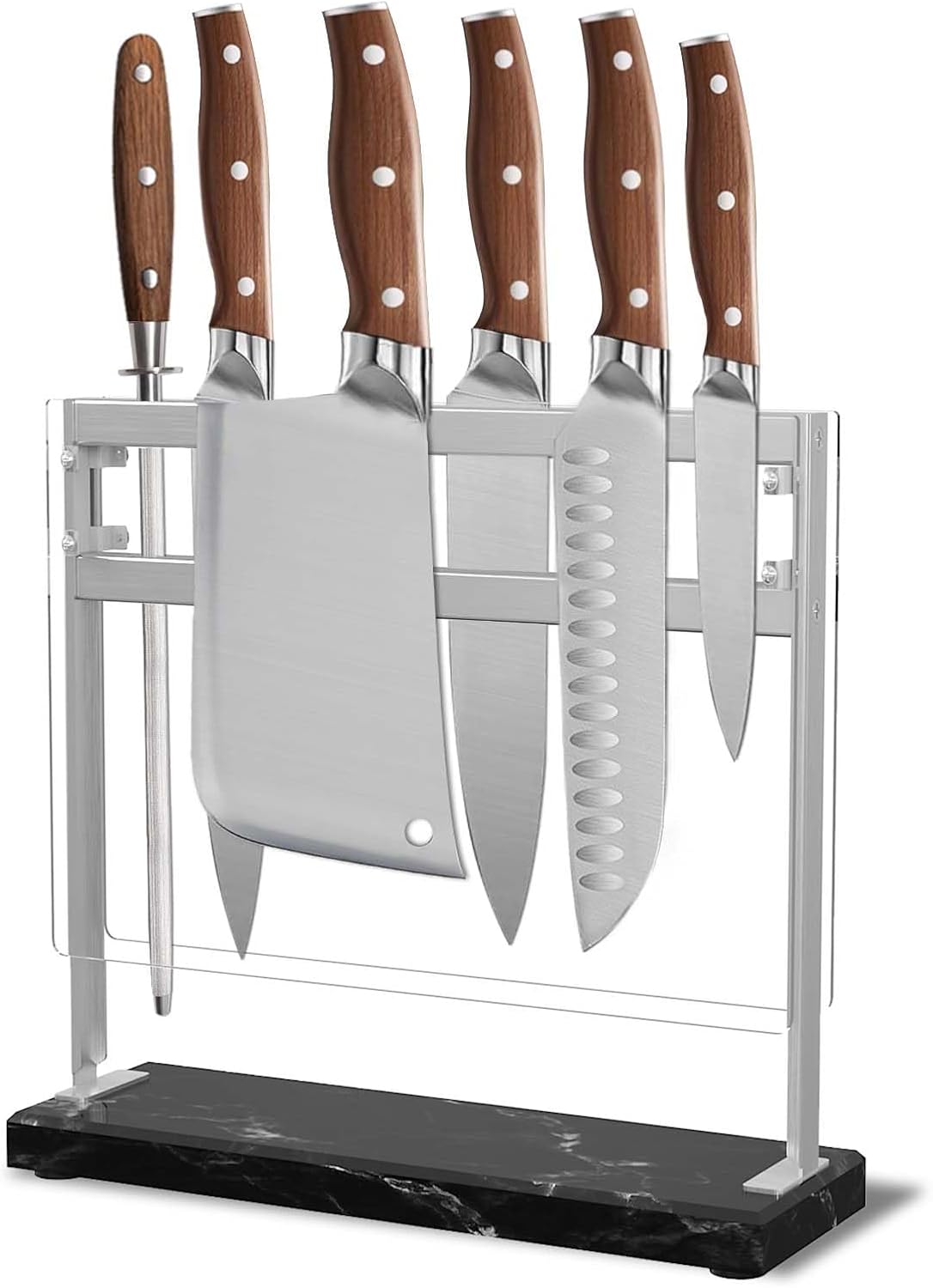 Magnetic Knife Stand Block with Marble Base, Double-sided Stainless Steel Magnets for Countertop with Acrylic Shield, Magnetic Knife Holder for Kitchen Storage, 12 IN, Black