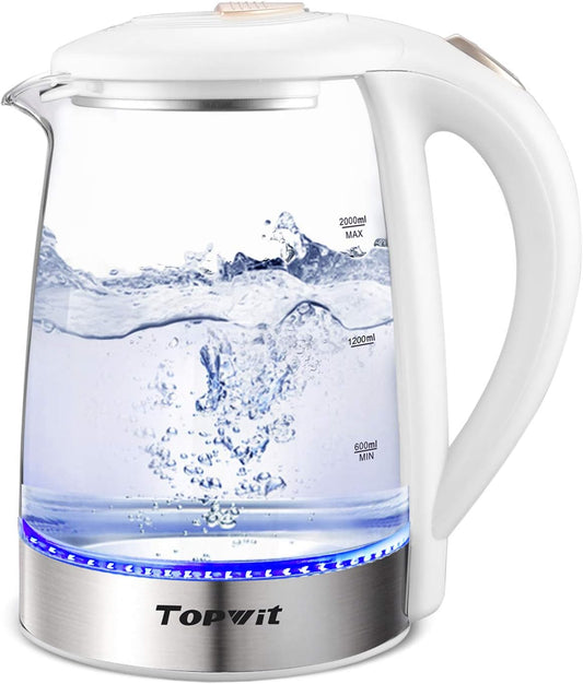 Topwit Electric Kettle Glass Electric Tea Kettle, 2L BPA-Free Hot Water kettle, Stainless Steel Inner Lid and Bottom Water Warmer, Fast Heating with Auto Shut-Off and Boil Dry Protection, White
