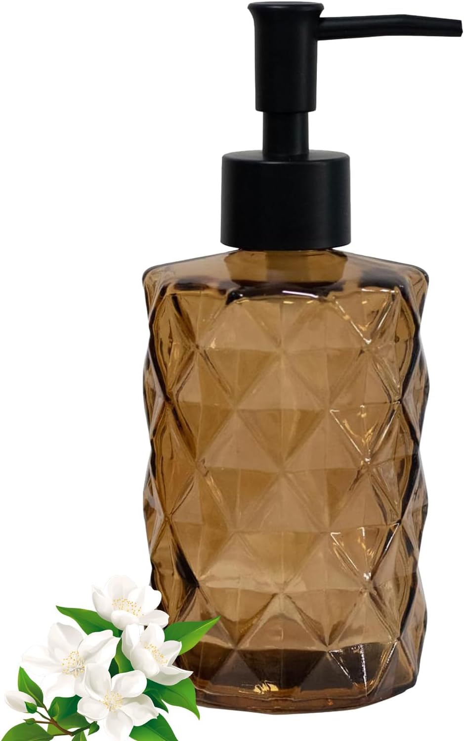 12Oz Small Glass Soap Dispenser with Black Plastic Pump, Brown Refillable Kitchen Countertop Liquid Hand Soap Dispensers with Diamond Design, Crystal Bathroom Lotion Bottle for Dispense Dish Soap
