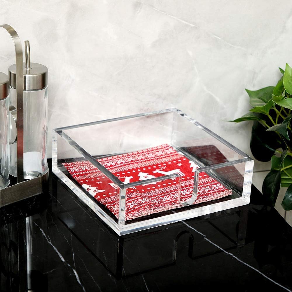 IEEK Acrylic Luncheon Napkin Holder,Decorative Napkin Tray for Dining Table and Kitchen,Clear Flat Napkin Holders Tissue Dispenser,7.1 x 7.1 x 2.6 inches
