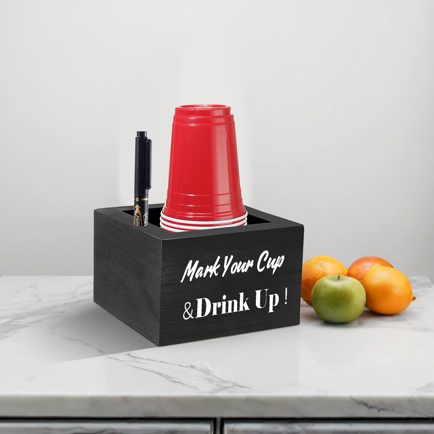 Wooden Party Cup Holder - With Marker Slot, Rustic Disposable Cup Holder for Bar, Kitchen, Countertop, Home & Office, Black