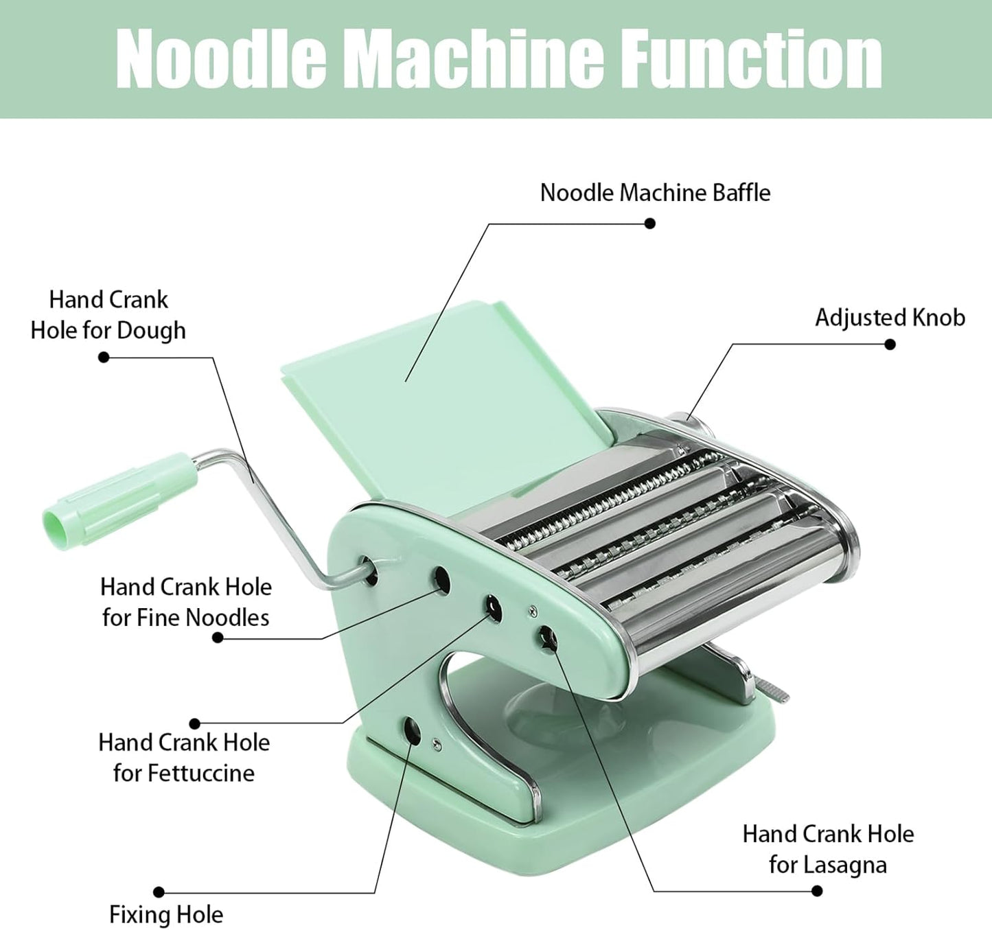 Pasta Maker Machine-6 Adjustable Thickness Settings, Adjustable Clamp, stainless steel Construction for Spaghetti, Fettuccini, Lasagna, Dumpling Skins (Green pasta maker)