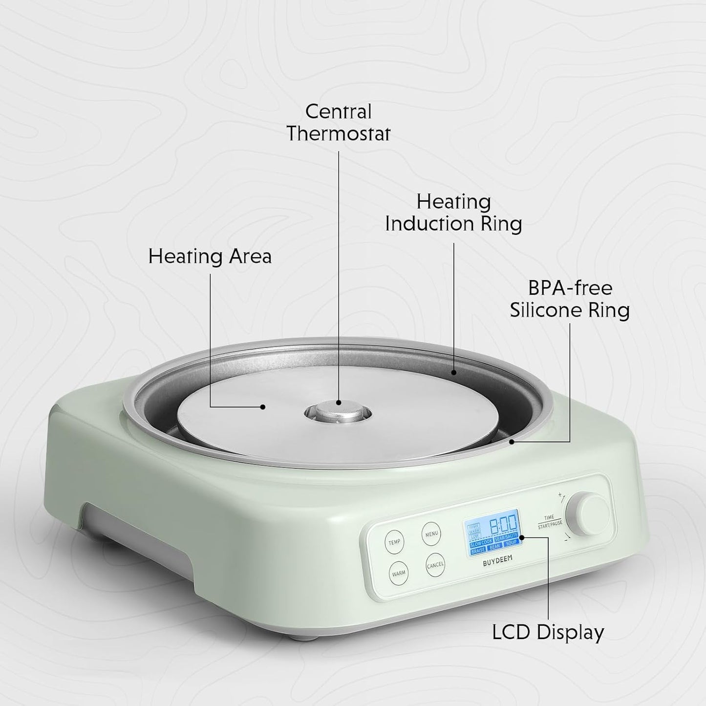 BUYDEEM LP55 5-in-1 Slow Cooker, Compatible with Various Cookwares, Multi-Cooker with Two Temperature Settings, Auto Keep Warm for 2H, Cozy Greenish, Pot Not Included