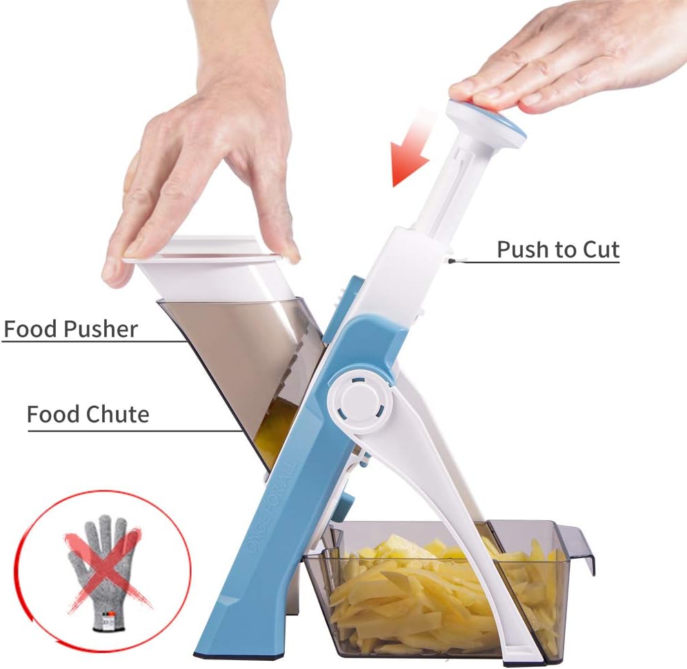 ONCE FOR ALL Safe Mandoline Slicer 5 in 1 Vegetable Cutter, Strips Julienne Dicer Adjustable Thickness 0.1-8 mm for Kitench Fast Meal Prep (Light Blue)