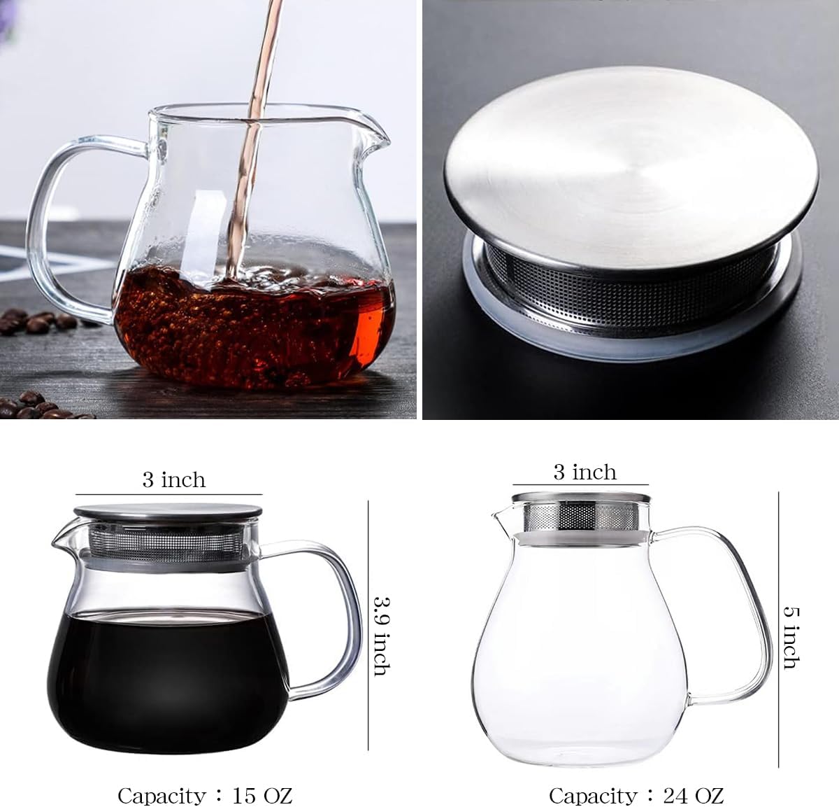 IwaiLoft Glass Teapot with Removable Stainless Steel Filter Lid Stovetop & Microwave Safe Borosilicate Glass Kettle for Loose Leaf, Blooming Tea And Coffee Sharing (15OZ)