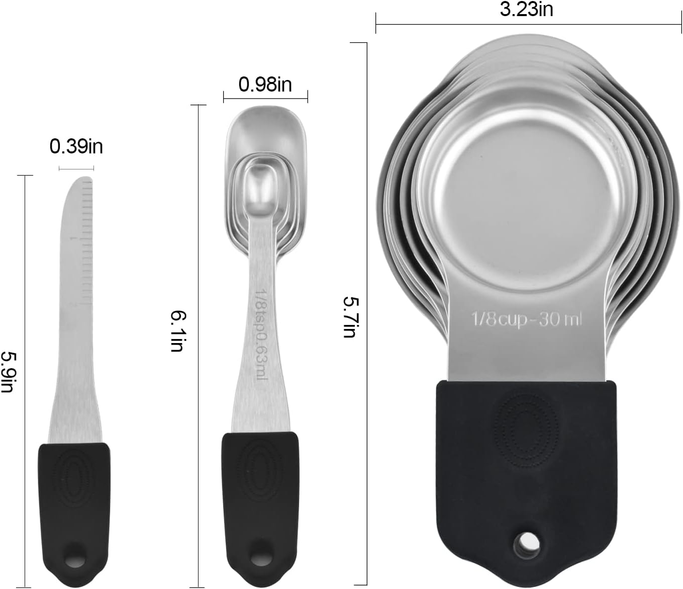 Magnetic Measuring Cups Set, 7 Pieces 18/8 Stainless Steel Stackable Nesting Heavy Duty Metal Measure Cups, Color Silicone Handle Kitchen Tools for Dry and Liquid Ingredients (14, Black)