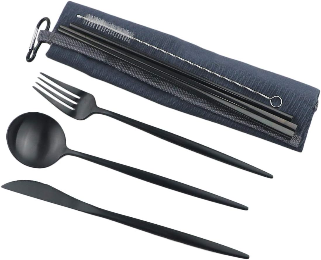 Gugrida Reusable Travel Utensils, 7 Piece Portable 304 Stainless Steel including Knife Fork Spoon Chopsticks Cleaning Brush Straws Portable Pouch, Eco-friendly Camping Silverware Set, Dishwasher Safe