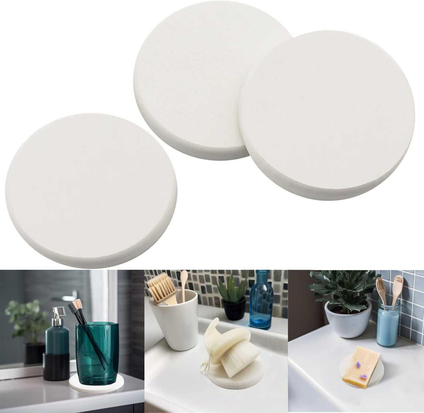 Mucco Water Absorbing Stone Tray for Sink, Water Absorbent Diatomite Coasters, Premium Diatomaceous Earth Soap Holder Dish，Fast Drying Stone Sink Tray for Hand soap & Cups & Drinks Bottles (3 White)