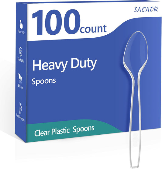 100 Count Plastic Spoons,Heavy Plastic Silverware,Premium Disposable Spoons, BPA-Free, Heat Resistant, Suitable for Parties, Events and Everyday Use