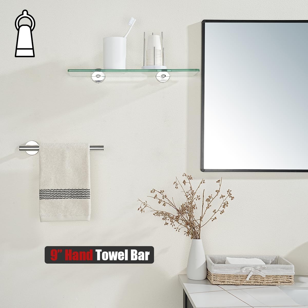 JQK Hand Towel Holder Towel Ring Chrome, 10 Inch Thicken 0.8mm 304 Stainless Steel Bathroom Hand Towel Bar, 9 Inch Useable Length Wall Mount Towel Rack Hanger, Polished Steel, THH110L9-CH
