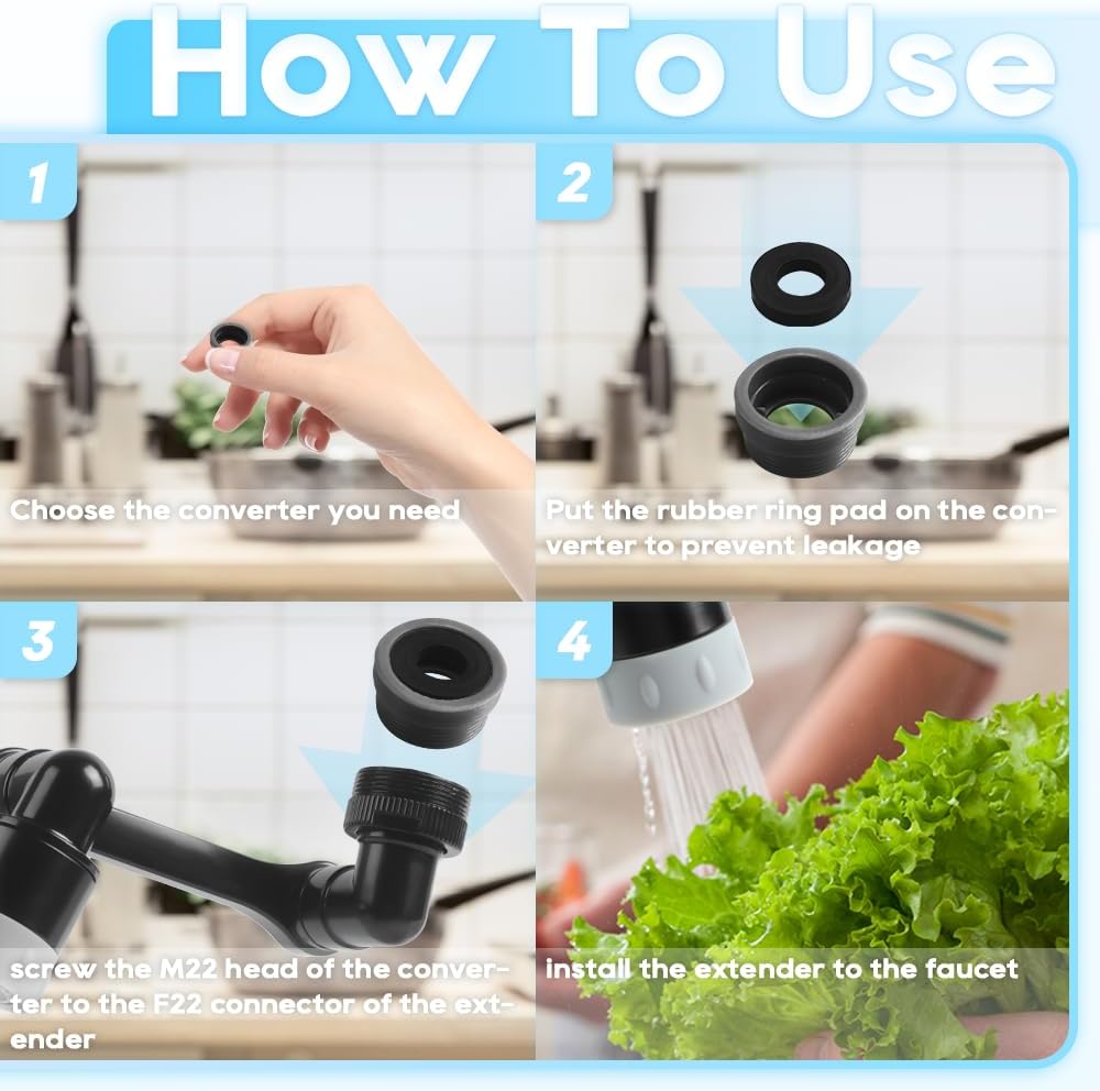 1080 Swivel Faucet Extender - M22 to FM G1/2, FM20, M24, M22 Converters for Sink & Filter Extension, Aerator