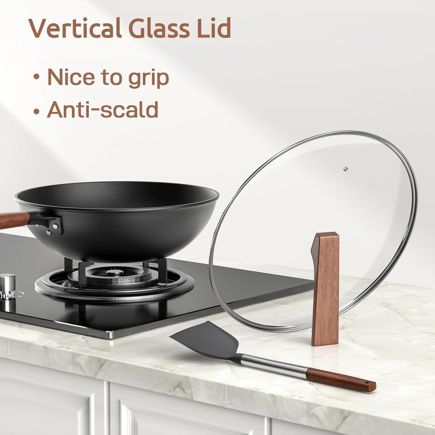 Carbon Steel Wok - Including Glass Cover and Silicone Spatula, 13-Inch Woks & Stir-Fry Pans for Induction, Electric, Gas Stoves