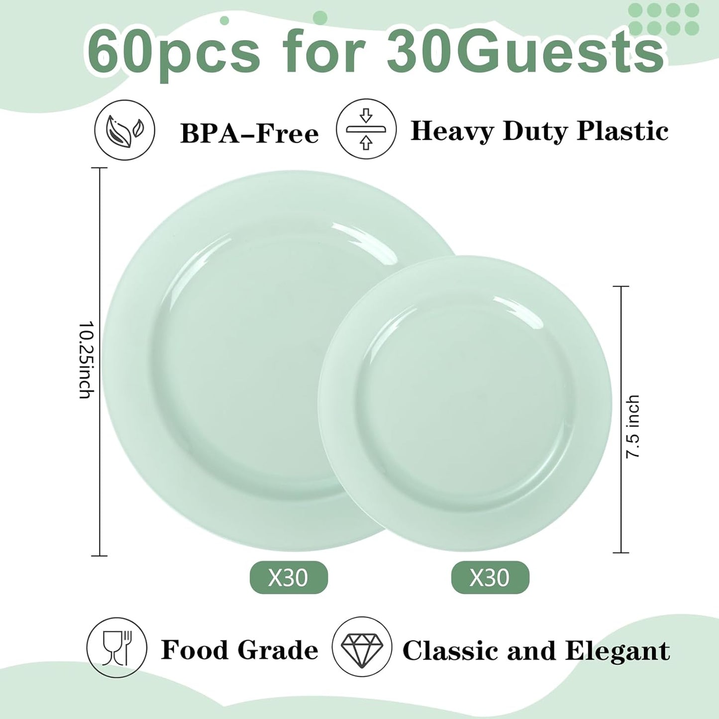FLOWERCAT 60PCS Sage Green Plates - Heavy Duty Plastic Plates Disposable for Party/Easter - Include 30PCS 10.25inch Sage Green Dinner Plates and 30PCS 7.5inch Dessert Plates