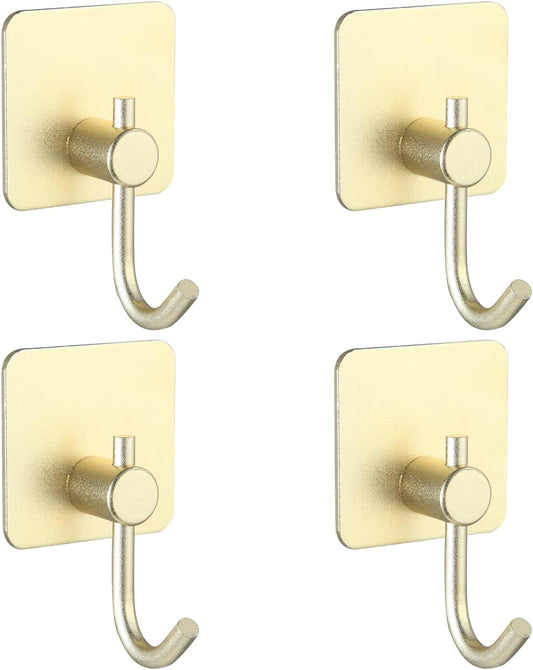 Aluminum Wall Hooks, No Drill Damage-Free Adhesive Hook, Product for Hanging Heavy Duty for Bathroom Kitchen Home (Curved Square Gold Hook, 4)