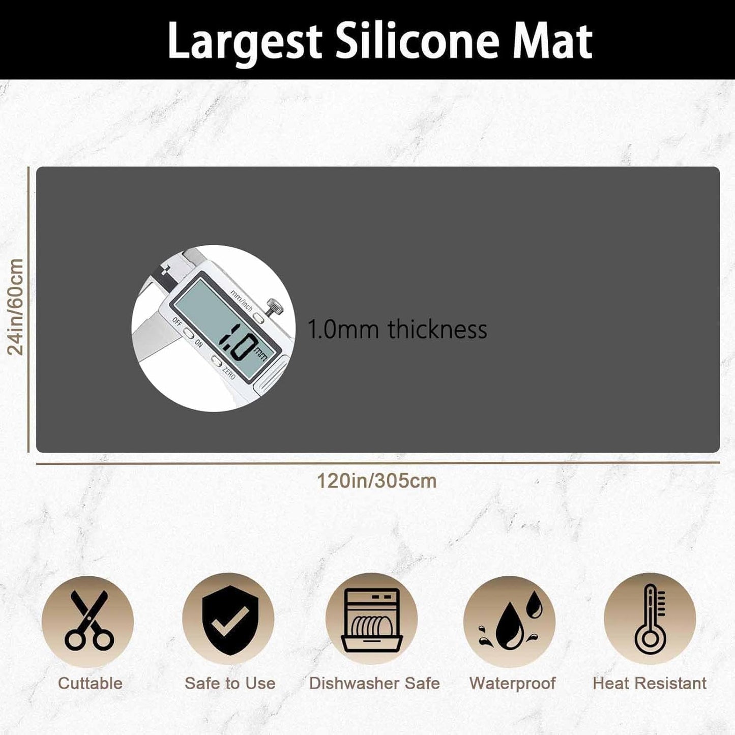 Super Large Silicone Mat, 120"x24" Silicone Mats for Kitchen Counter, Non-Slip Heat Resistant Mat,Thicken Kitchen Counter Mat, Waterproof Countertop Protector for Craft (Light Grey)