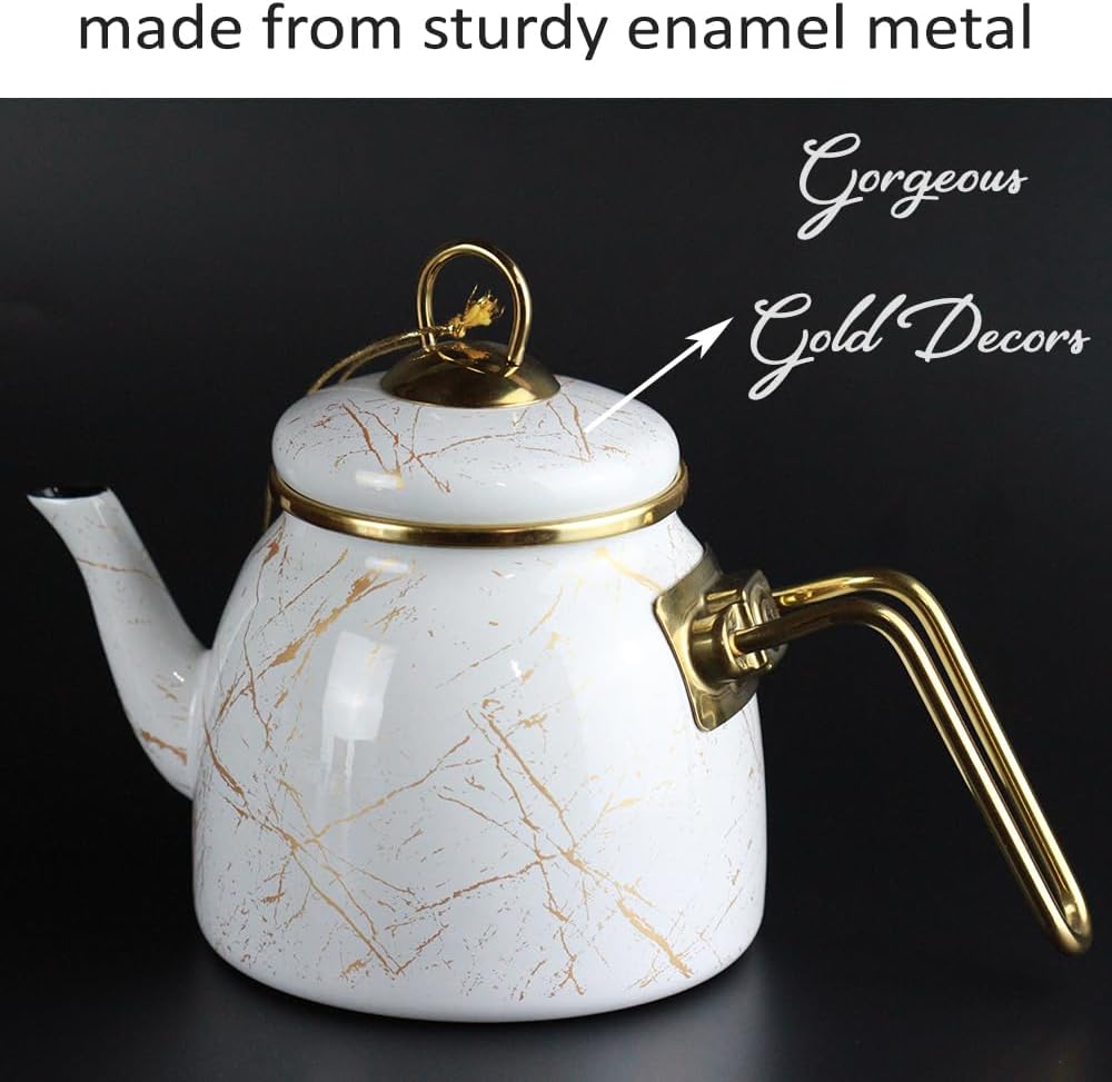 Vintage Turkish Teapot Tea Pots Kettle Set for Stovetop Stove Top Decorative Infuser Party Cups Glasses Floral Unique Boiler Samovar Strainer Loose Leaf Kitchen Style Enamel Decor (White-Gold)
