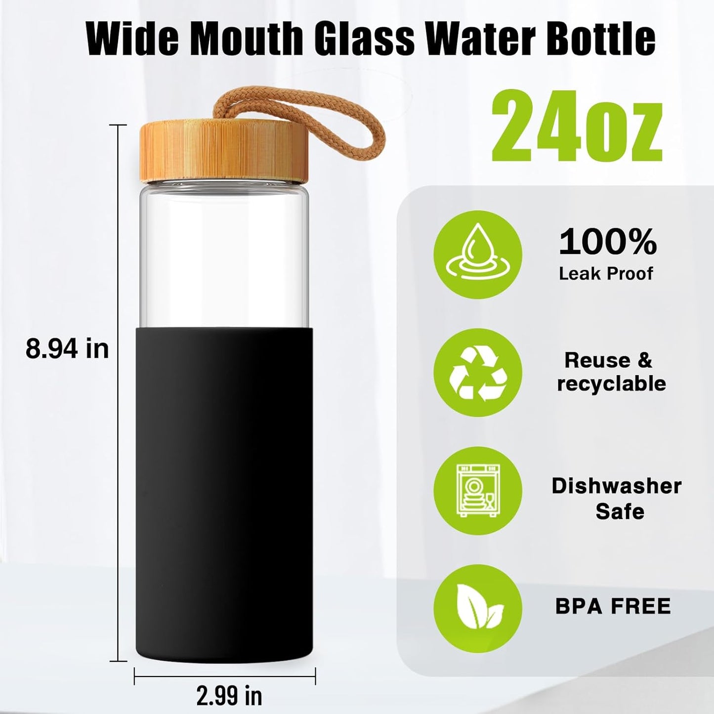 Tronco 24oz Glass Water Bottles with Bamboo Lid & Silicone Sleeve, Leak Proof, BPA Free, Reusable Borosilicate Glass Bottles for Juicing, Smoothies, Juice & Water, for Men & Women Gym, Office, Travel