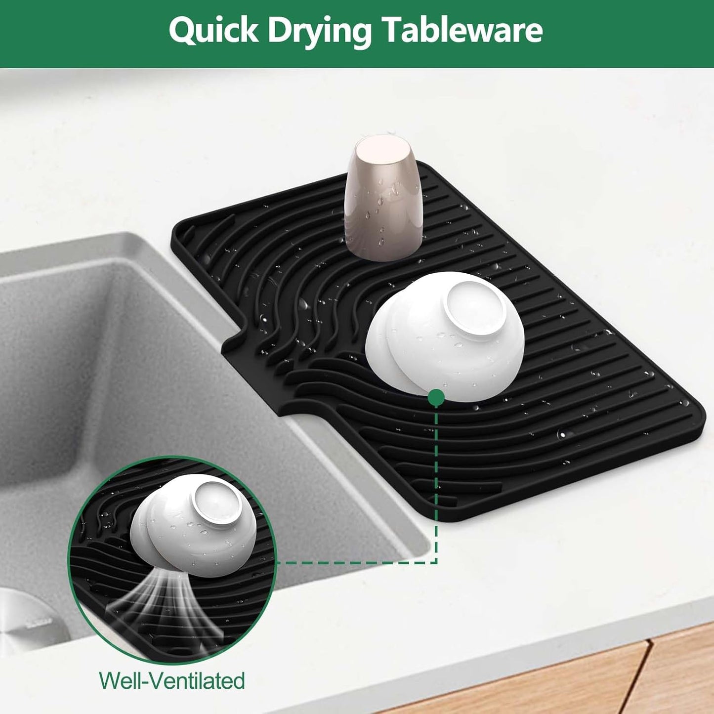 GUUKIN Silicone Dish Drying Mat,17.7" x 11.8 " Drying Matt Kitchen Counter, Dish Drying Rack Mat, Easy Clean Pad for Countertop Protection, Multi-Functional Use, Not applicable Bumps up sink (Black)