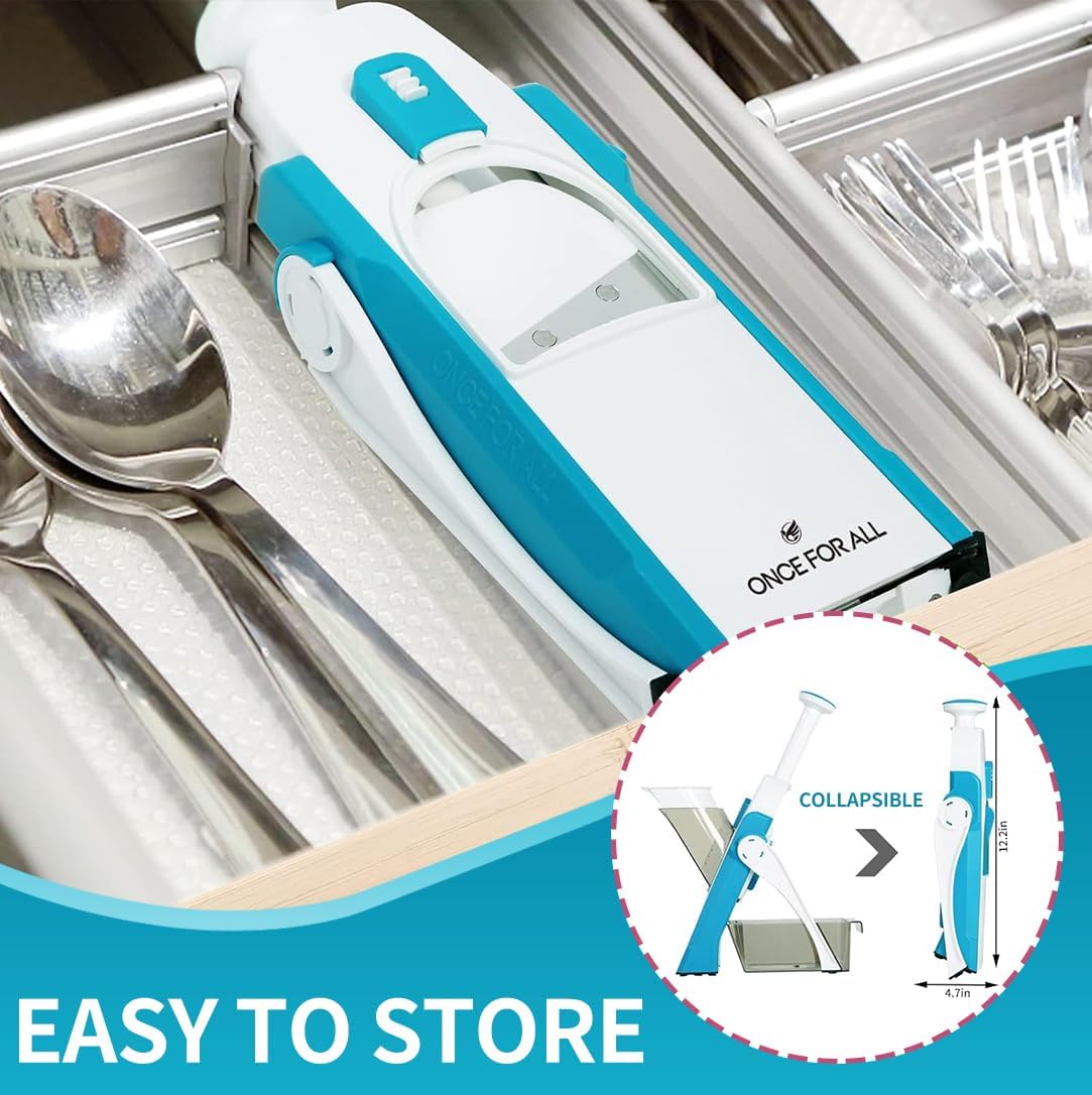 ONCE FOR ALL Safe Mandoline Slicer 5 in 1 Vegetable Cutter, Strips Julienne Dicer Adjustable Thickness 0.1-8 mm for Kitench Fast Meal Prep (Blue)