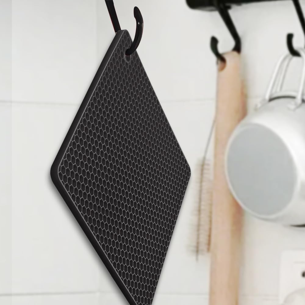 homEdge Silicone Square Trivets Mat, 6 Packs Multipurpose Non Slip Heat Resistant Pot Holder-Black