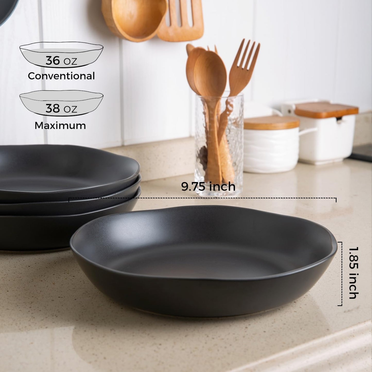 AmorArc 9.75'' Ceramic Large Pasta Bowls, 38oz Stoneware Flat Serving Bowls Set of 4, Oven,Microwave&Dishwasher Safe Bowls with Wavy Rim for Fruit Pasta Salad Meal, Matte Black