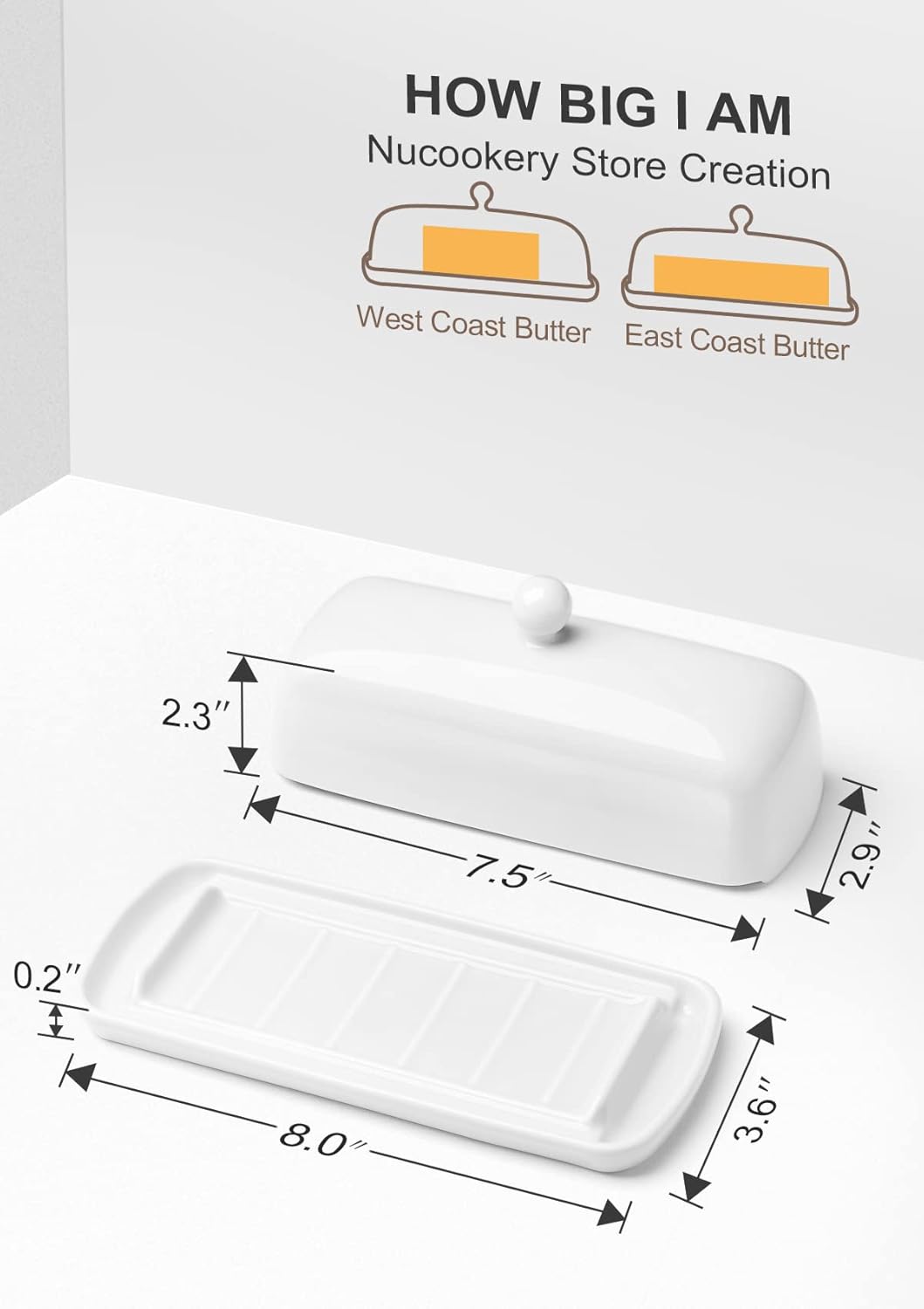 Nucookery Porcelain Butter Dish - Clean Table Design - Ceramic Butter Dishes with Lid for Countertop with Raised Non-Slip Strip - Holds 1 Standard Butter Stick - Easy to Clean & Dishwasher Safe. White