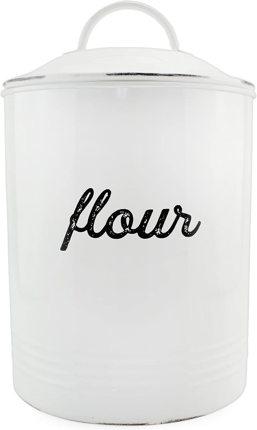 AuldHome Design Enamelware White Flour Canister; Rustic Distressed Style Staples Storage for Kitchen