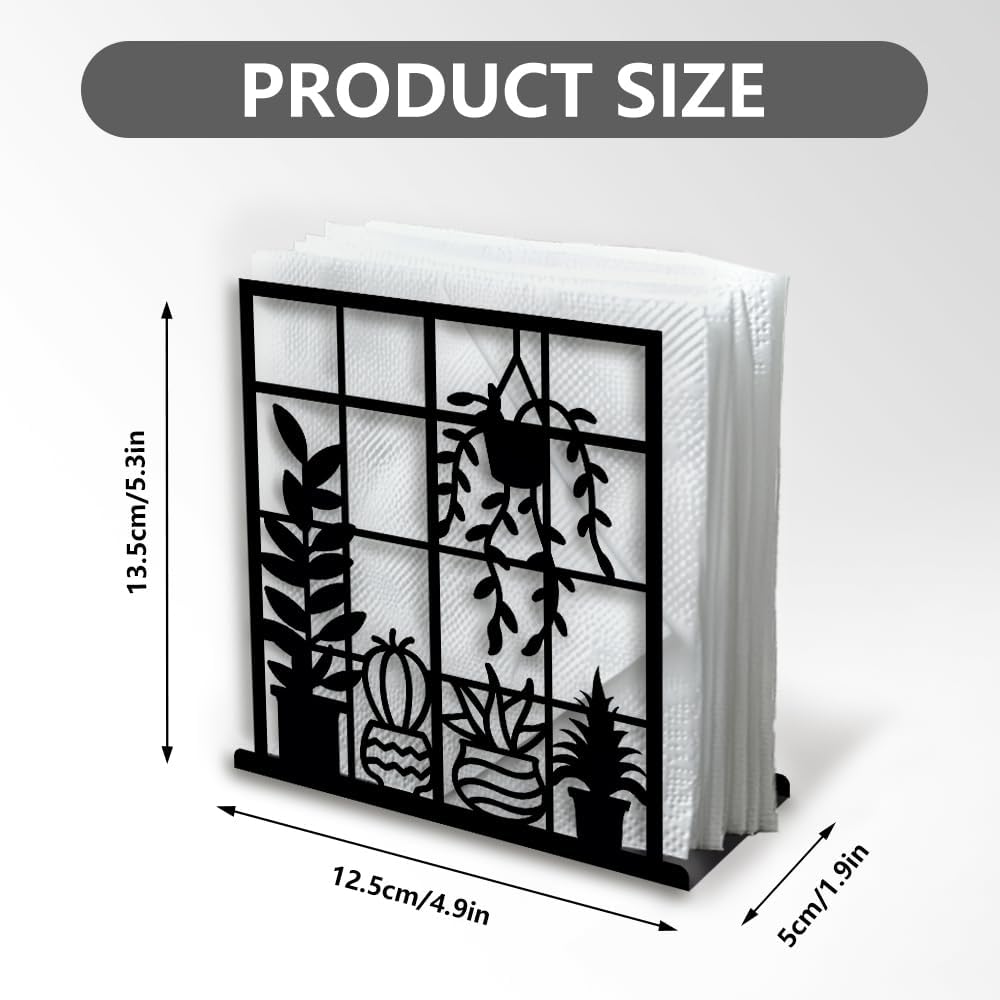 Potted Plant Decorative Black Metal Napkin Holder for Table, 4.9"x5.3"x1.9" Window Sill Hanging Basket Standing Napkin Holder for Home Kitchen Restaurant Picnic Party Coffee Bar Dining Room