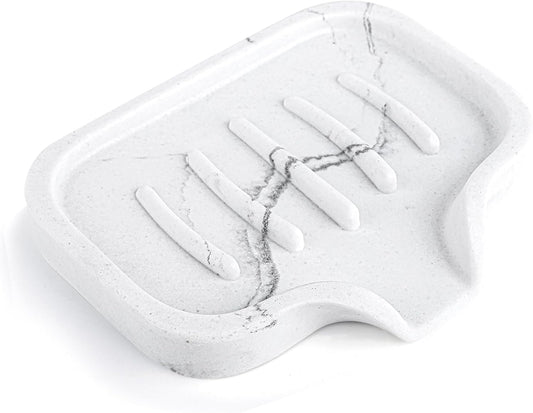 Self Draining Soap Dish- Bar Soap Holder for Shower, Marble Design Large Soap Savers Soap Tray Sponge Holder for Kitchen Bathroom Bathtub Sink, White