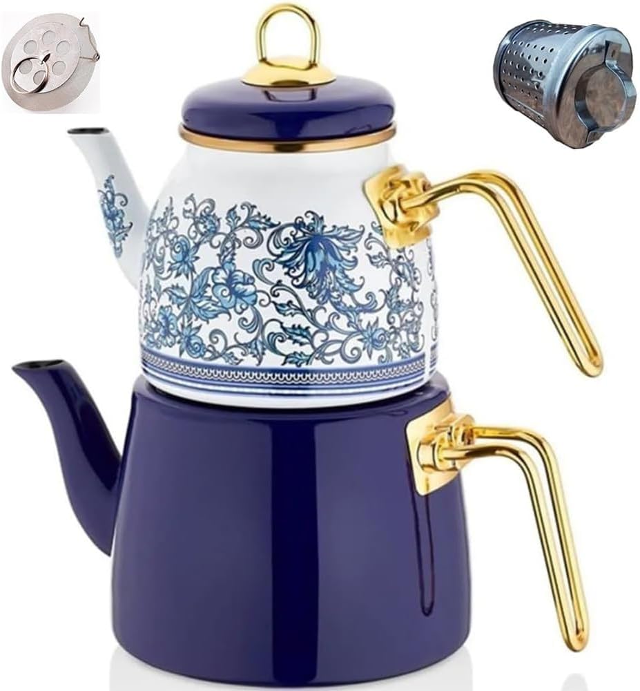 Vintage Turkish Teapot Tea Pots Kettle Set for Stovetop Stove Top Decorative Infuser Party Cups Glasses Floral Unique Boiler Samovar Strainer Loose Leaf Kitchen Style Enamel Decor (White-Blue)