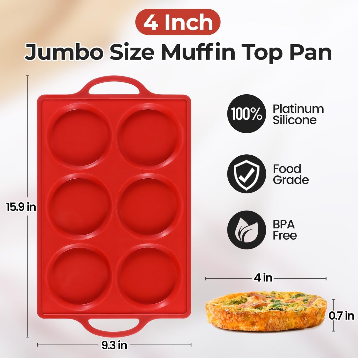 CAKETIME Silicone Muffin Top Pan with Metal Frame, 4 Inch Jumbo Non Stick Round Egg Baking Pan for Oven English Muffins, Whoopie Pies, Corn Bread, Egg Bites, Breakfast Sandwiches Tarts 2 Pack Red