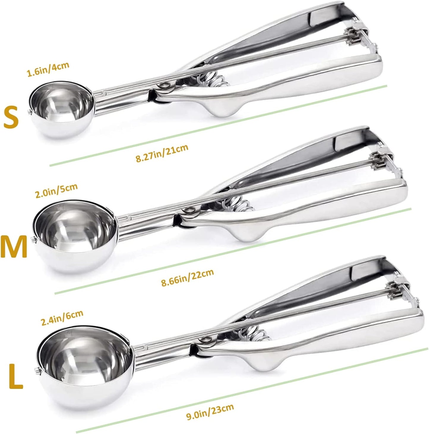 Ice Cream Scoop, 3Pcs Cookie Scoop Set, 18/8 Stainless Steel Cookie Dough Scoop, Cookie Scoops for Baking Set of 3, Ice Cream Scooper with Trigger Release, Cookie Scooper for Baking