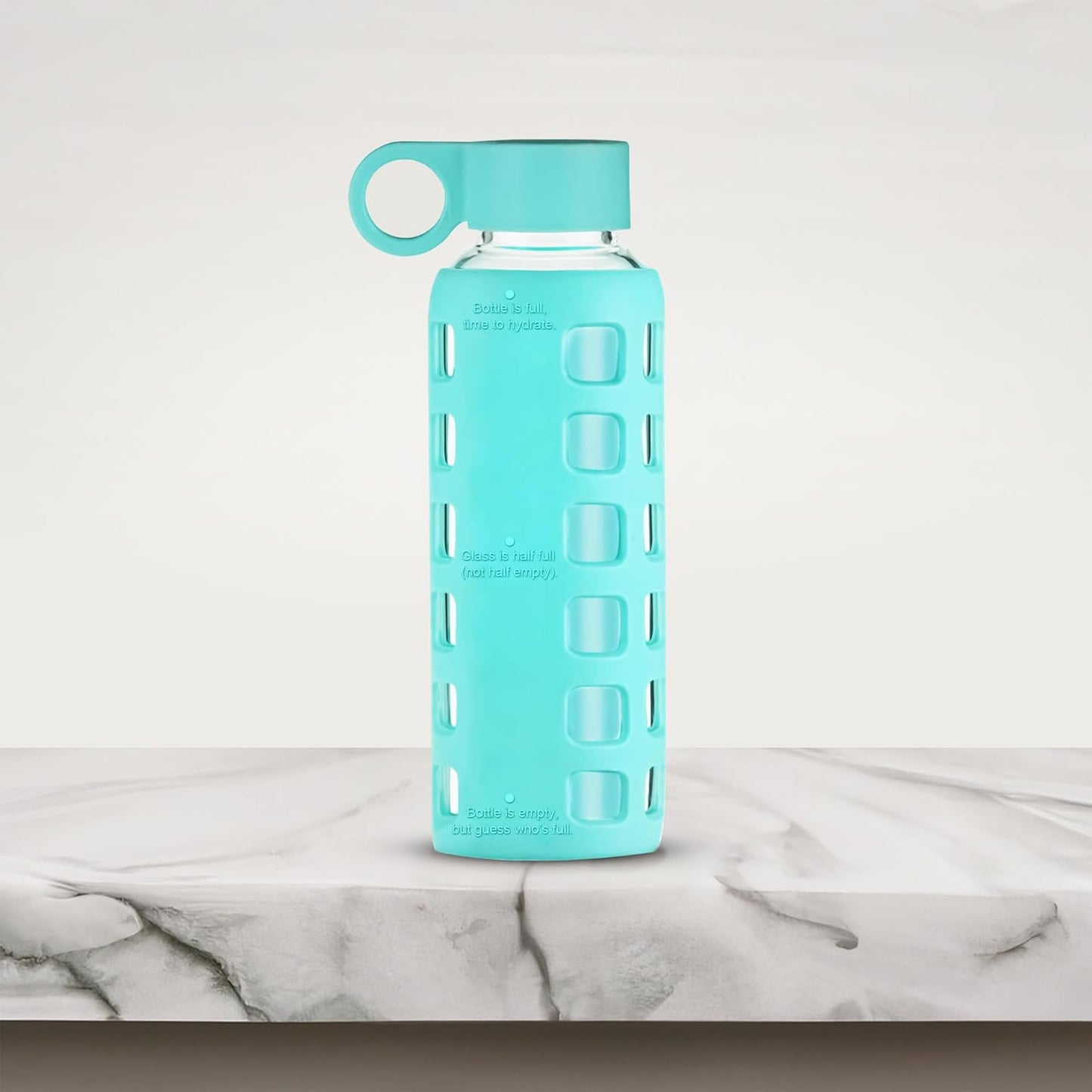 purifyou 40oz / 32oz / 22oz / 12oz Borosilicate Glass Water Bottle with Time & Volume Markers, Silicone Sleeve, Stainless Steel Lid – Reusable Glass Bottle for Water & Juice (12oz Aqua Blue)