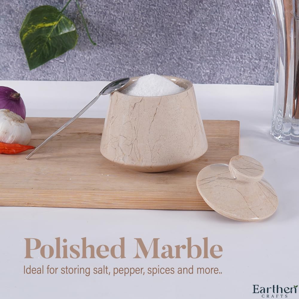Marble Salt Cellar 4" Inches Salt Jar, Verona Natural Stone Spice and Flaky Salt Holder with Lid For Kitchen Storage, Decorative Brown Sugar Keeper