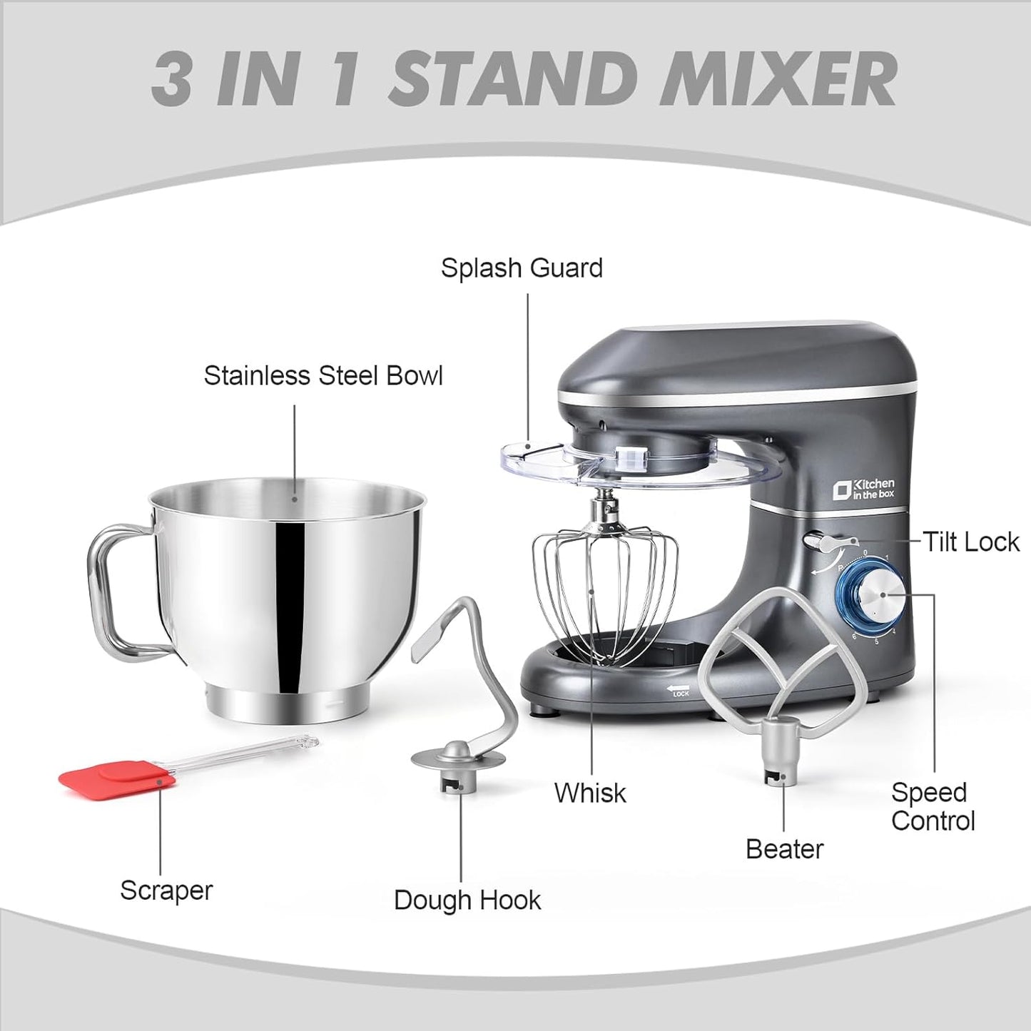 Kitchen in the box Stand Mixer, 6.5QT 660W Kitchen Electric Mixer, 6-Speed Tilt-Head Food Mixer with Dough Hook, Wire Whip, Beater, Dishwasher Safe (Grey)