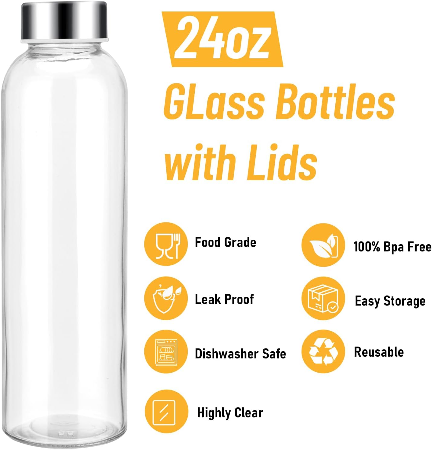 Sursip 24oz Glass Water Bottle Set of 6, Leak Proof Clear glass juice bottle for juicing, Reusable Drinking Bottles with Stainless Steel Lid, Beverage Storage Containers for Refrigerator-BPA Free