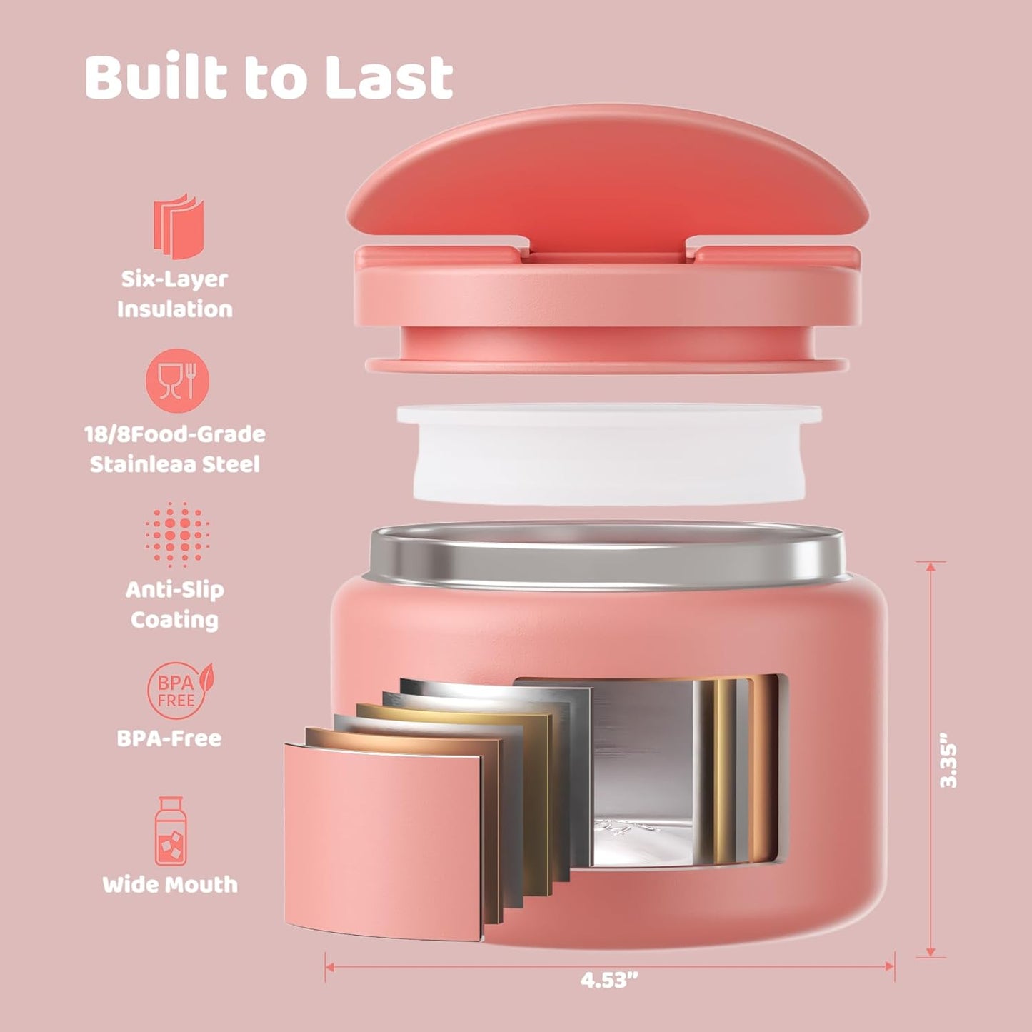 14.5oz Soup Thermo for Hot Food Kids Vacuum Insulated Food Jar Twist-Free Soup Thermo for Hot Food Kids Leakproof Stainless Steel Wide Mouth Lunch Container (Pink)