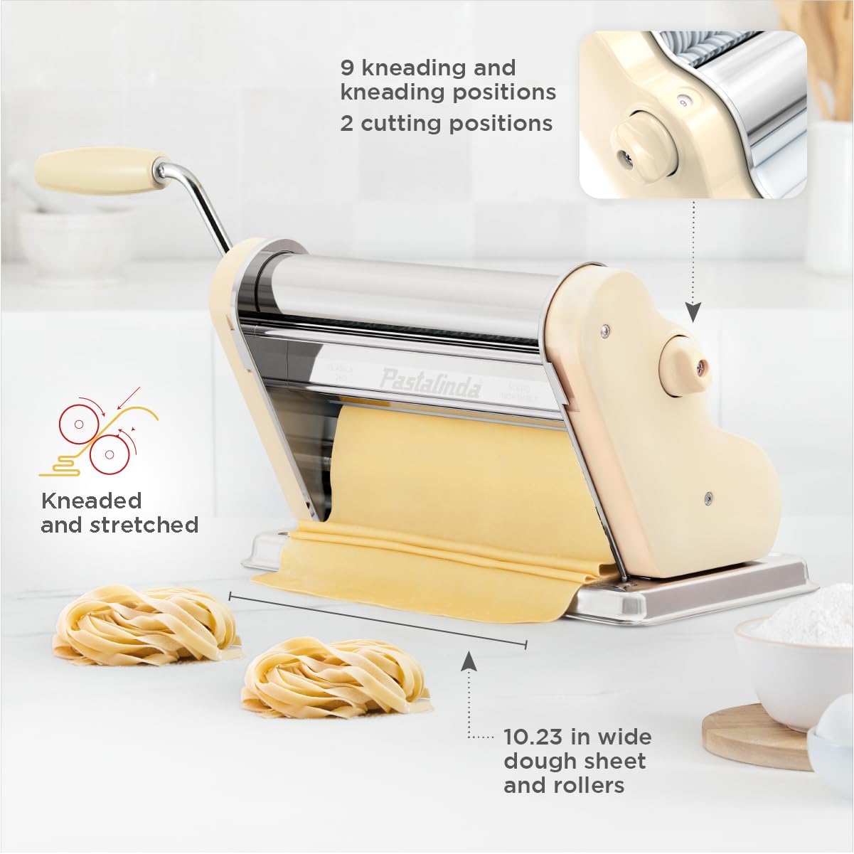 PASTALINDA Classic 260 Pasta Maker Machine, 26 cm Wide Rollers, 9 Thickness Positions, 2 Cutting Positions, Stainless Steel. Includes Reinforced Hand Crank And Two Clamps (Cream)