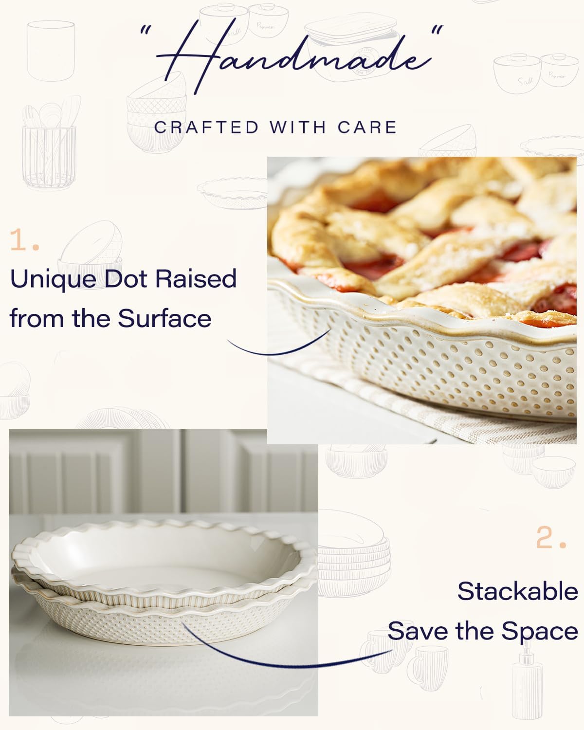getstar Ceramic Pie Pan Set of 2, 9 inch Pie Dish for Baking, Non-Stick, Oven & Dishwasher Safe, Farmhouse Decor Quiche Baking Dish, Pie Plate, Deep Dish Pie Pan (Embossed Stripes+Dots)