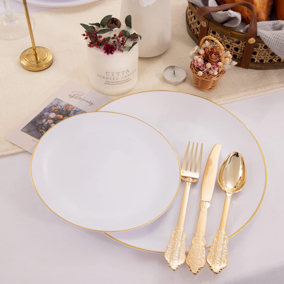 KIRE 100PCS Disposable Plates - White with Gold Rim for Party/Wedding - Includes 50Pieces 10.25inch Dinner and 50Pieces 7.5inch Dessert/Salad Plates