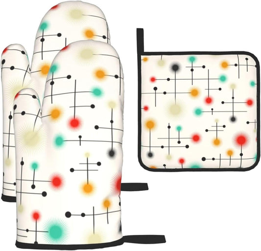 Mid Century Modern Oven Mitts and Pot Holders Sets of 3 Heat Resistant Non Slip Retro Kitchen Gloves Hot Pads for Cooking BBQ Grilling Baking